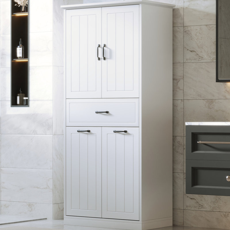 White Bathroom Cabinet With Two Laundry . Construction, Painted. Adjustable Shelf For Customizable Organization. Doors & Drawer Personalized Space Quality , Maximized Storage Capacity. All Your Items