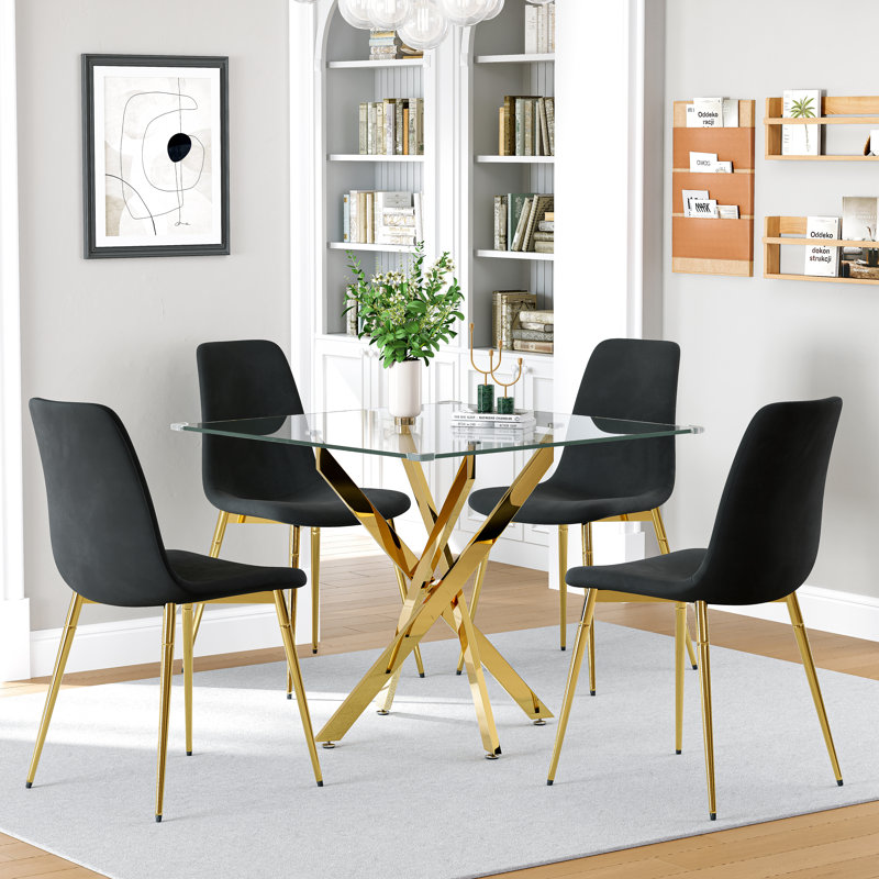 36" Square Glass Dining Table Set, Modern Stainless Steel Cross-Leg Base With 4 Velvet Upholstered Chairs, Gold/Black/Gold