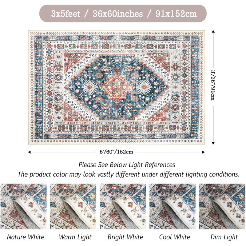 Medallion Non Slip Washable Rug(Red), Rectangle 3' x 5'