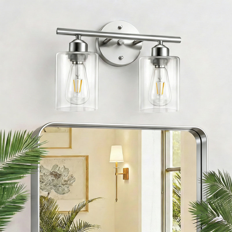 Berumen Bathroom Glass Vanity Light, Clear, 2 Lights, Brushed Nickel