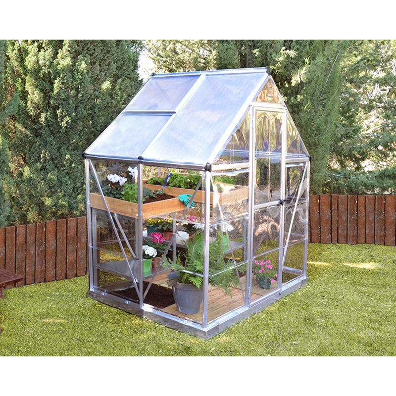 Palram - Canopia Hybrid 6' W x 4' D Walk-In Hobby Polycarbonate Aluminum Frame Greenhouse Kit with Roof Vent - Silver, Silver