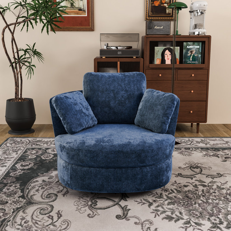 Fauteuil demi-tonneau pivotant en polyester 41,8 po Chemaia, Chenille bleue marine