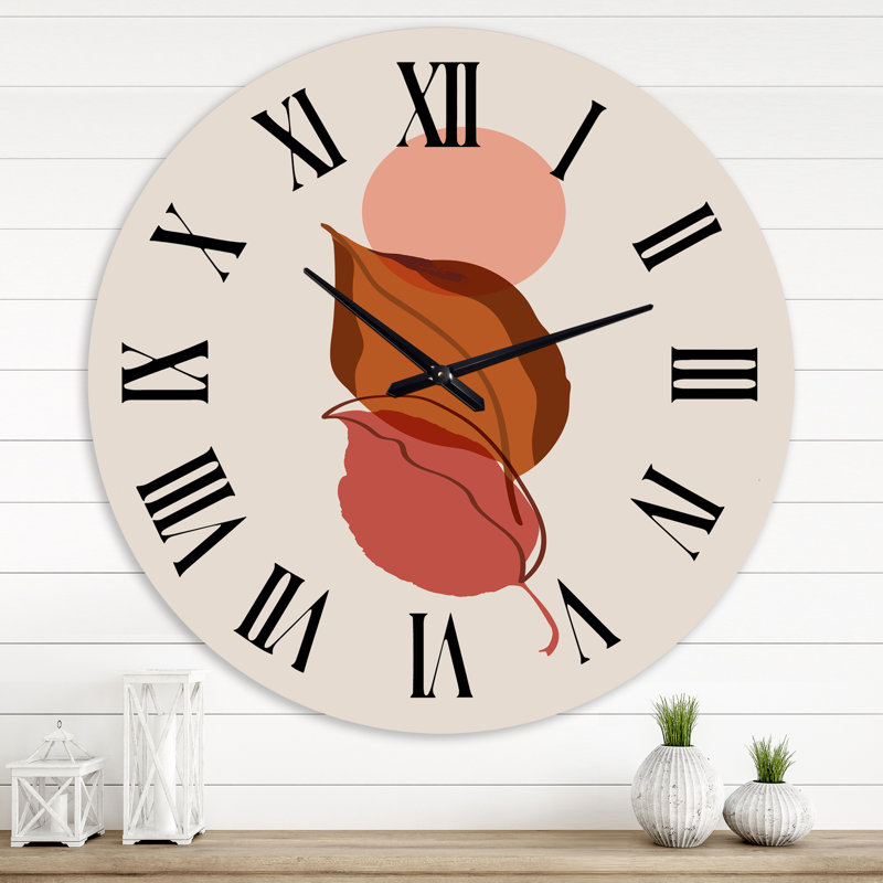 Deux feuilles d'automne tombant sous une pleine lune rouge - horloge murale moderne, Grand