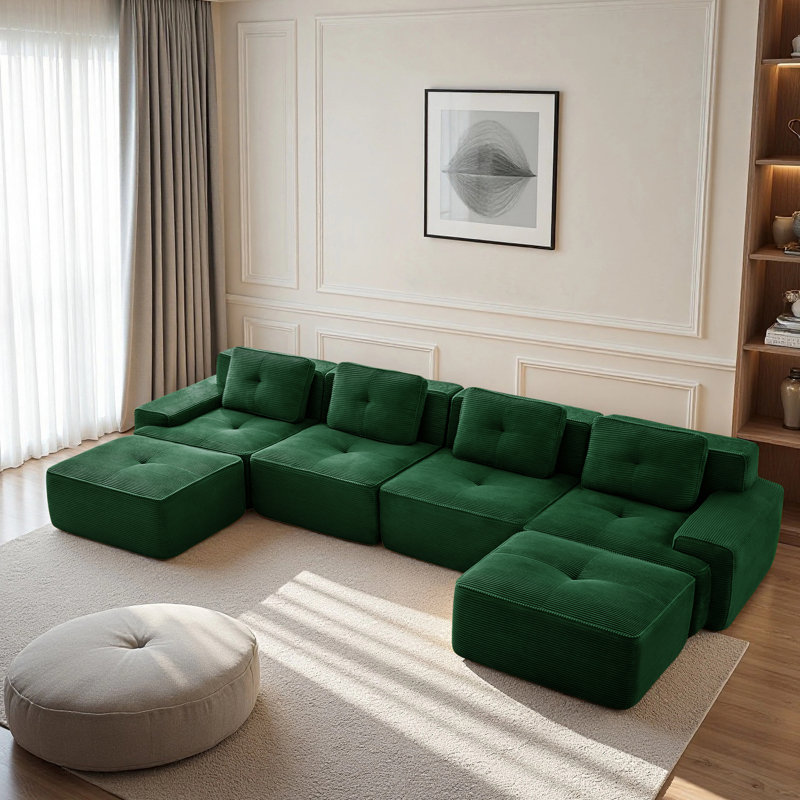 152.8” Boneless Couches For Living Room, Modular Sectional Sofa With U-Shape Chaise, 4 Seater Comfy Upholstered Deep Seat Corduroy Fabric Cloud Couch No Assembly, Anti-Slip Design​
