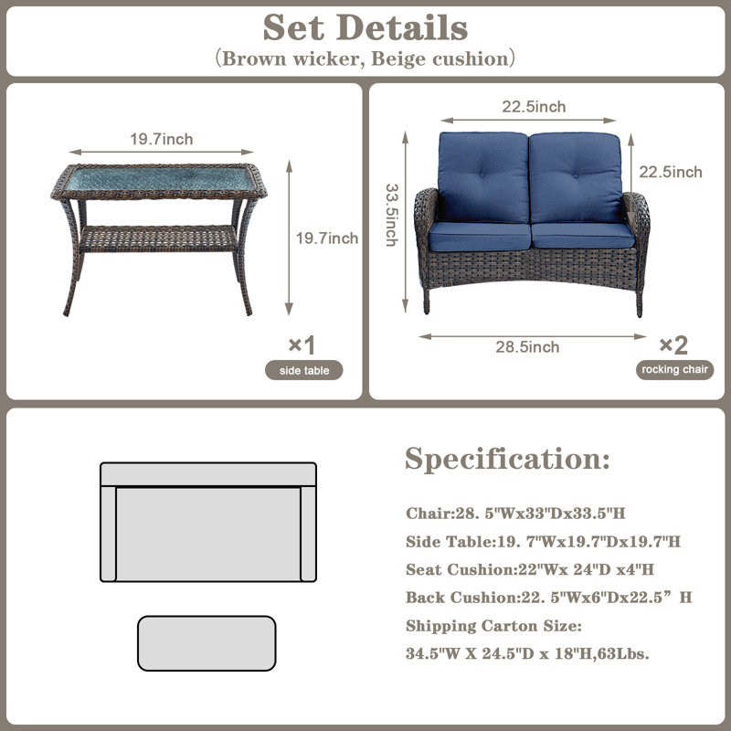 Sebastino 49.6'' Wide Rectangle Wicker Patio Sofa with Cushions, Navy