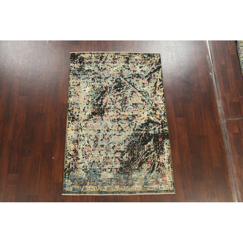 Tapis beige / noir / bleu clair noué à la main 4 pi 1 po x 6 pi 3 po