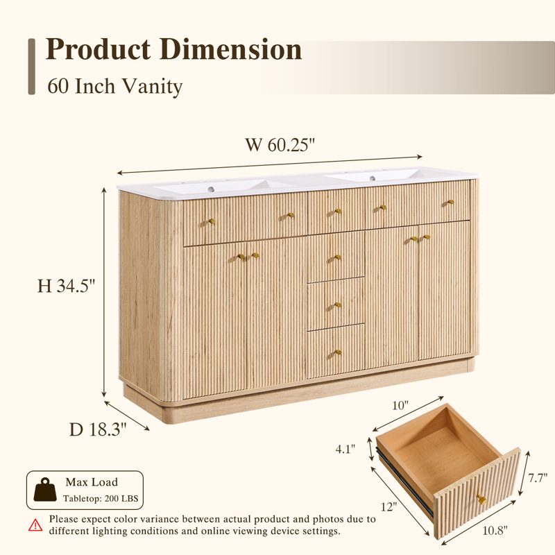 Meuble-lavabo double 60 po avec plateau en pierre reconstituée sans miroir 60 po, Chêne naturel