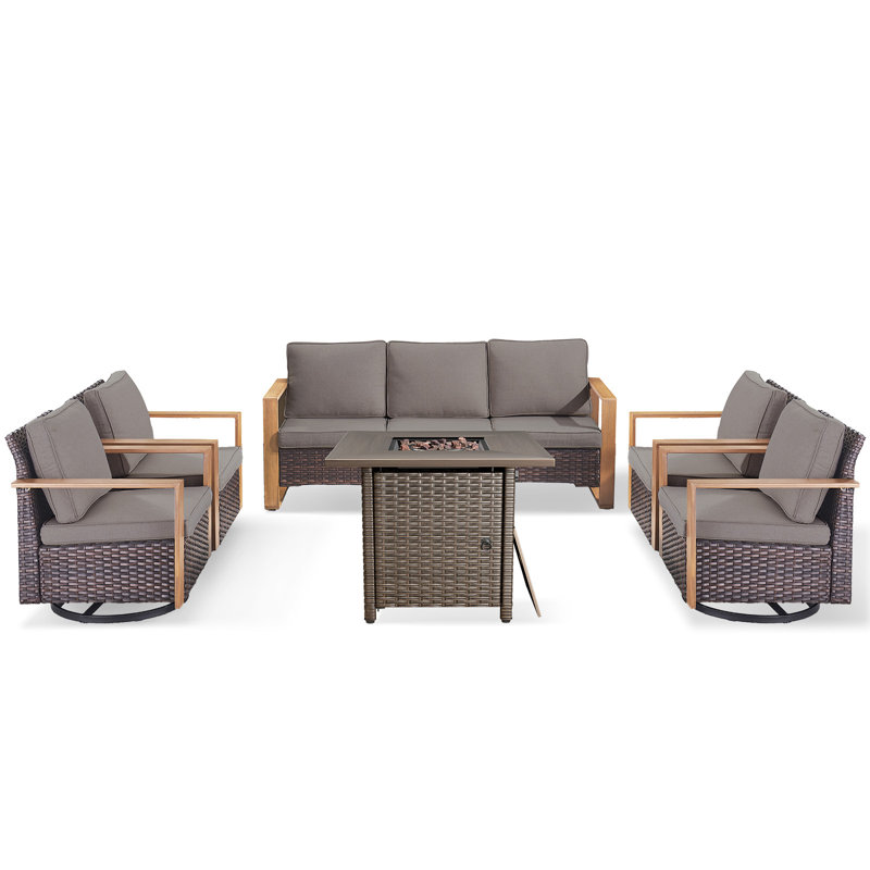 Palomares 6-Piece All Weather Outdoor Wicker Patio Square Fire Pit Conversation Set With 4 Swivel Gliders, Gray, Brown