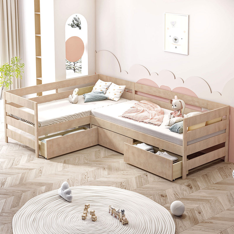 Twin Size L-Shaped Platform Bed With Three Storage Drawers
