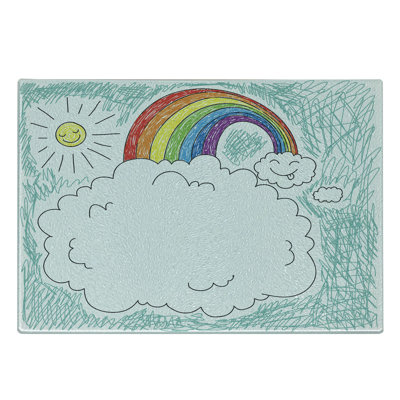 Ambesonne Cartoon Tempered Glass Cutting Board Drawn Rainbow Sun Multicolor