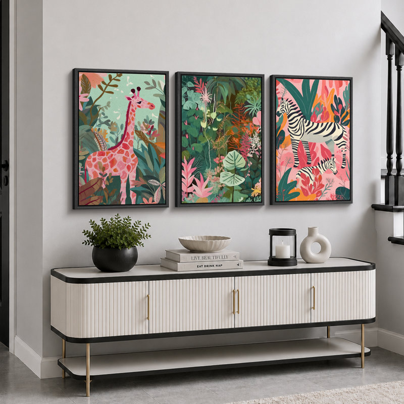 «Bright Preppy Animals» Dreamy Safari, rose, vert, animal, œuvre d'art, H 24 po x l 48 po, Cadre flottant noir