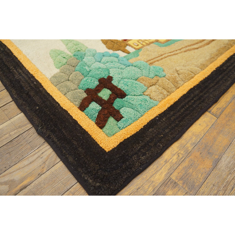Antique Artistic American Folk Art Scenic Cabin Design Hooked Rug