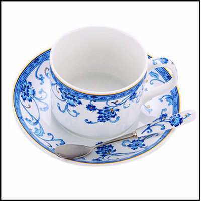 Ceramic Coffee Cup Set with Plate and Spoon, Perfect for British Afternoon Tea, Blue and White Design