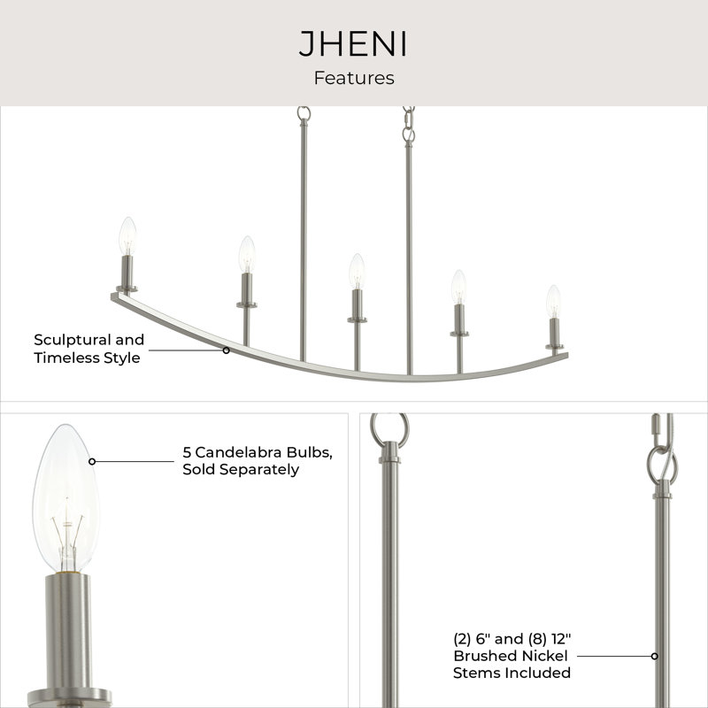 Jheni Five-Light Brushed Nickel Linear Chandelier, Brushed Nickel