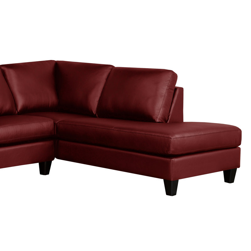 Honcut Upholstered L-Shaped Sectional, Maroon Red Genuine Leather, Right Hand Facing
