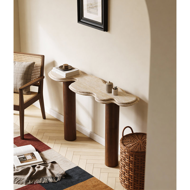 Console Travertine avec pieds en bois massif, H 33,5 po x l 63 po x P 15,7 po