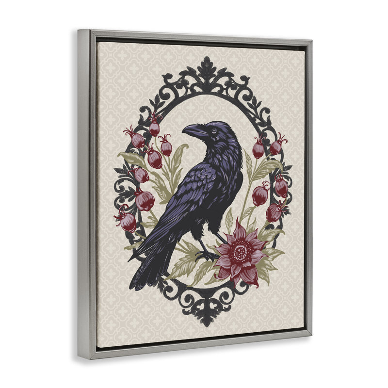 Cadre flottant Never More Ornate Raven, design par Radhika Modi, H 31 po x l 25 po, Cadre flottant gris lustré