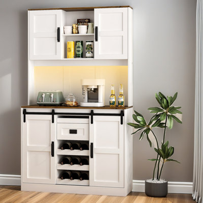 Farmhouse Bar Cabinet With Sliding Barn Door, Large Kitchen Buffetrustic Coffee Bar Sideboard Table,White