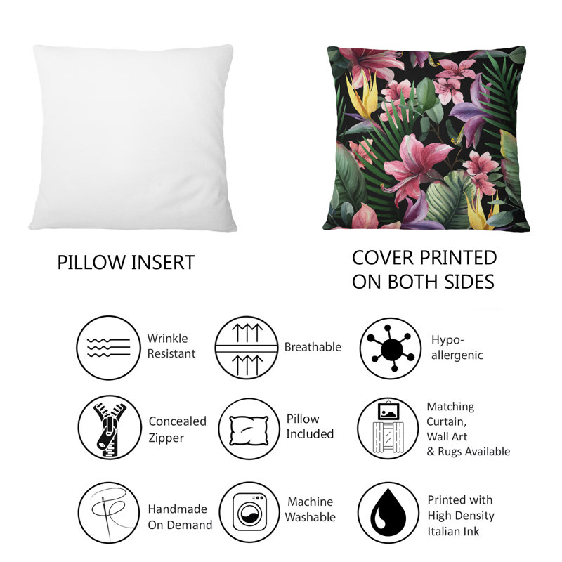 Coussin décoratif tropical imprimé fleurs rouges sur fond noir II 12 po x 20 po