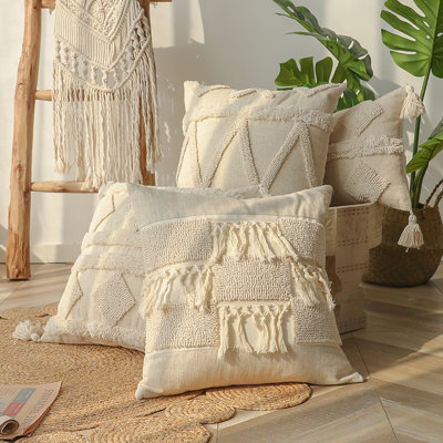 Boho Chic Linen Blend Pillow Cover, Tufted with Fringe, 18x18 Inch, Bohemian Style Home Decor
