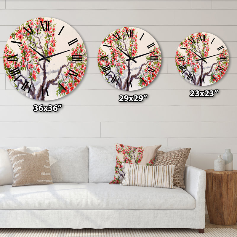 Fleurs rouges sur l'arbre en fleurs II - Horloge murale traditionnelle, Surdimensionné