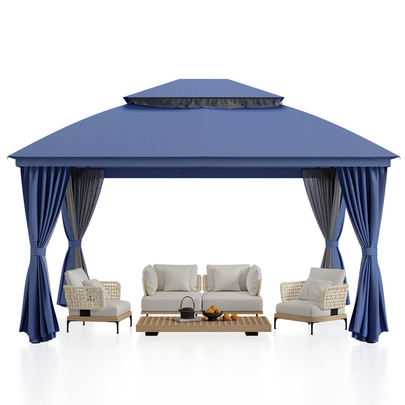 Vita 13 Ft. W x 10 Ft. D Steel Patio Gazebo with Soft Top Double Roof and Curtains, Blue
