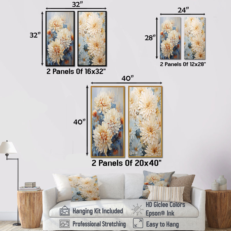 «Garden Bliss Mums In Soft Colors», ensemble de 2 impressions murales «Mums», Cadre blanc, H 28 po x l 25 po