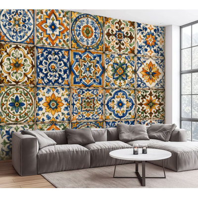 Wall Mural Peel and Stick Wallpaper colorful vintage ceramic tiles wall decoration turkish ceramic tiles Self-Adhesive Removable Contact Paper Wall Decor for Living Room Bedroom 100"H x 144"W