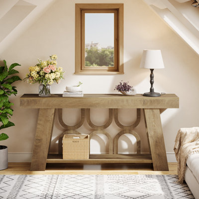 63" Console Table with Arched Legs, 2-Tier Large Farmhouse Entryway Table for Hallway, Living Room or Bedroom, Light Brown