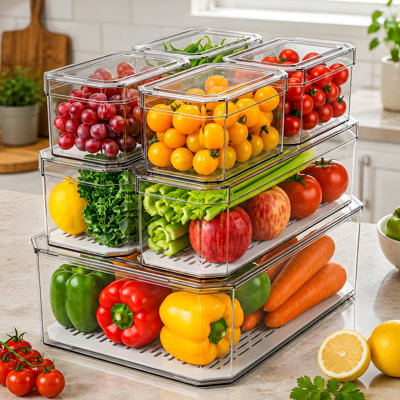 7-Piece Clear Fridge Organizer Bin Set with Lids, Stackable BPA-Free PET Refrigerator Storage Containers with Drainage Trays, 3 Sizes
