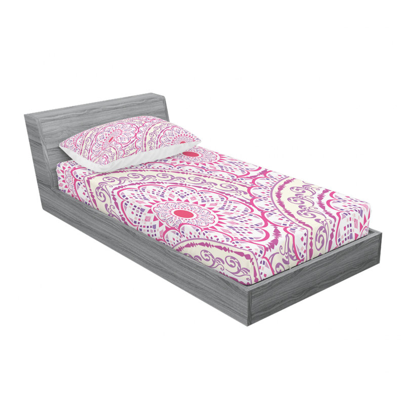 Ensemble de draps Ornament, Ensemble de draps pour lit simple avec un drap-hou, Rose / blanc, motif floral 1