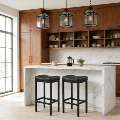 Bar Stools Set Of 2, 30.25" Backless Counter Height Bar Stools With Soft Leather Seat And With Footrest, 400 LB Heavy Duty Padded Saddle Barstool Chair For Modern Kitchen Island Counter