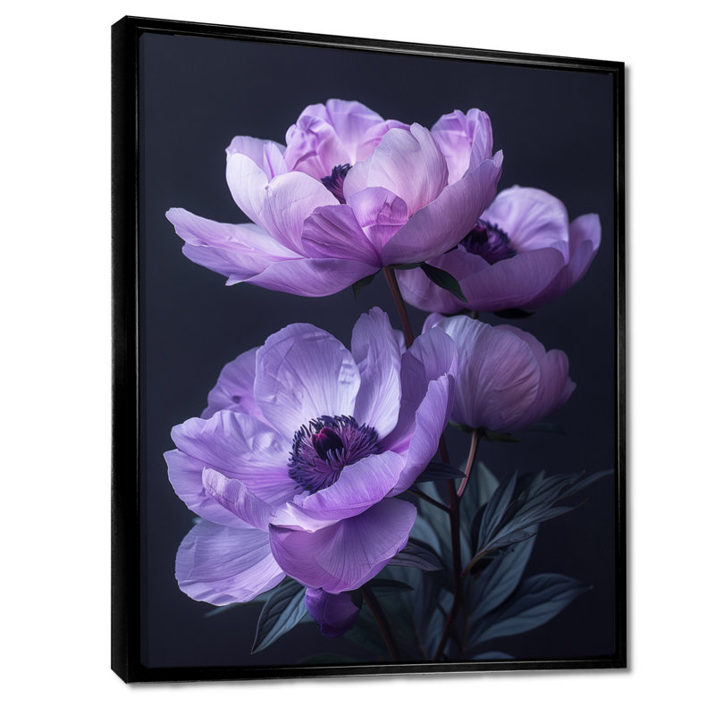Décoration murale pivoines mauves et noires - Pivoines, Cadre noir, H 30 po x l 40 po