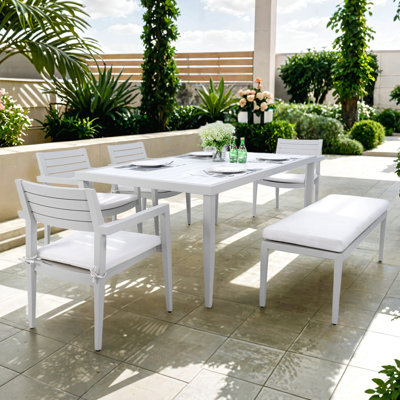 6Pc Patio Aluminum Furniture, Modern Dining Set, Including 4 Dining Chairs & 1 Dining Bench Sunbrella Fabric Cushioned And Two-Tone Table Top Rectangl -  Hokku Designs, 6406B6407A1C45D792C26F4E19ECB0D9