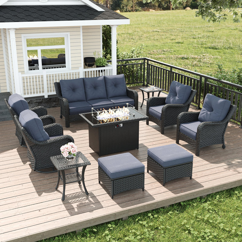  10 Piece Wicker Outdoor Furniture Set with 6-inch Comfy Cushions, High Back Patio Furniture Set with Swivel Rocking Chairs and Fire Pit Table