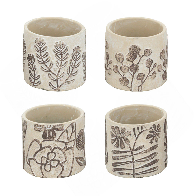 Set Of 4 4.3X4.3X4" Gray Sand And Cement Planters With Brown Botanical Motifs