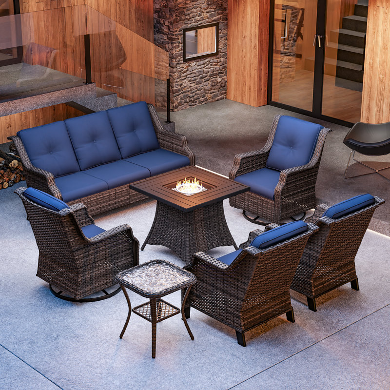 7-Person Seating Group With Fire Pit And Cushions, Navy