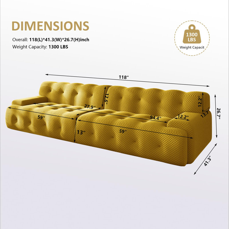 Canapé modulaire rembourré 118 pièces 2 pièces pour salon 118 po, Jaune