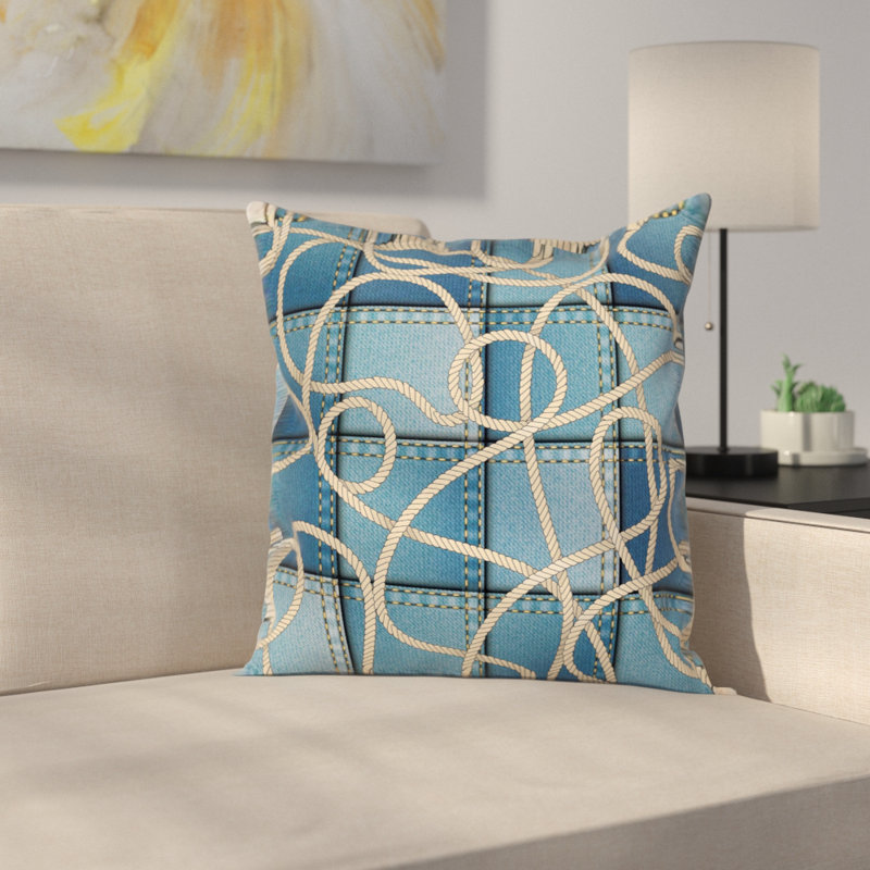 Denim Patchwork Rope Square Pillow Cover, 16" x 16"