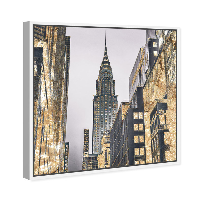 " The Golden City New York Skyscraper Modern Gold " by Oliver Gal, White Floater Framed, 24" H x 24" W x 1.75" D