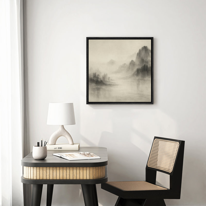 Framed Canvas Wall Art - Ink Landscape Abstract Wall Prints for Bedroom - 16"x16", Black, 16" H x 16" W