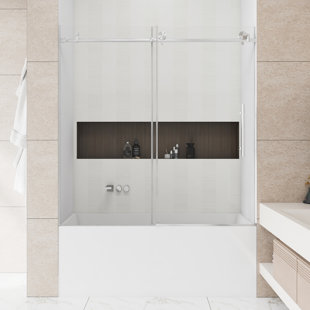 Porte de douche sans cadre l 56-60 "x H 60" | Simple coulissant | Verre trempé transparent de 1/4 po avec film antidéflagrant | Poignée en acier inoxydable | Noir mat