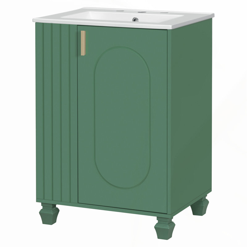 Meuble-lavabo vert 24 po avec lavabo, structure en bois massif, porte à fermeture douce et rangement latéral ouvert, Vert