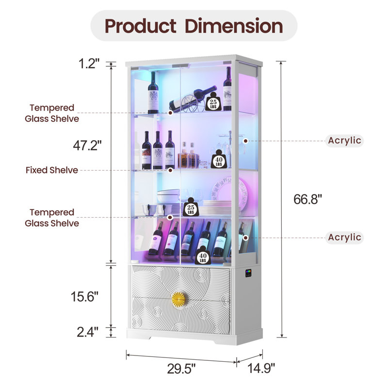 67" H 4-Tier Glass Display Cabinet with 2 Drawer and RGB Light, White