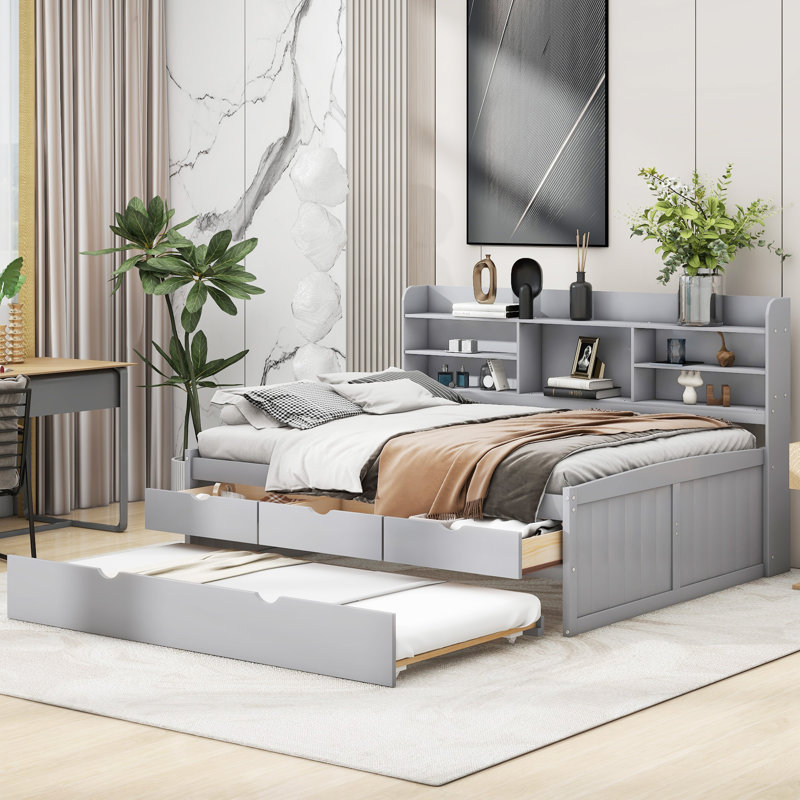 Lit avec rangement gigogne, Gris clair, Lit double
