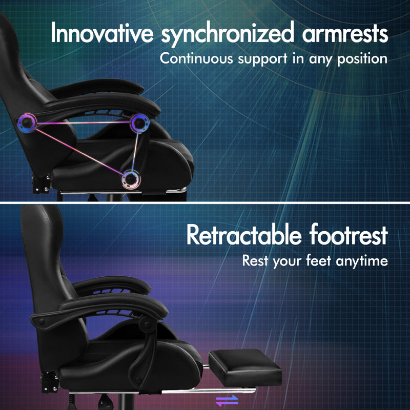 Gaming Chair With RGB LED Light 8-Point Massage Computer Office Chair With Lumbar Support Footrest Red & Black, Black