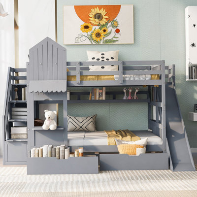 Full-Over-Full Castle Style Bunk Bed With 2 Drawers 3 Shelves And Slide - Gray(OLD SKU:LT000558AAE-2)