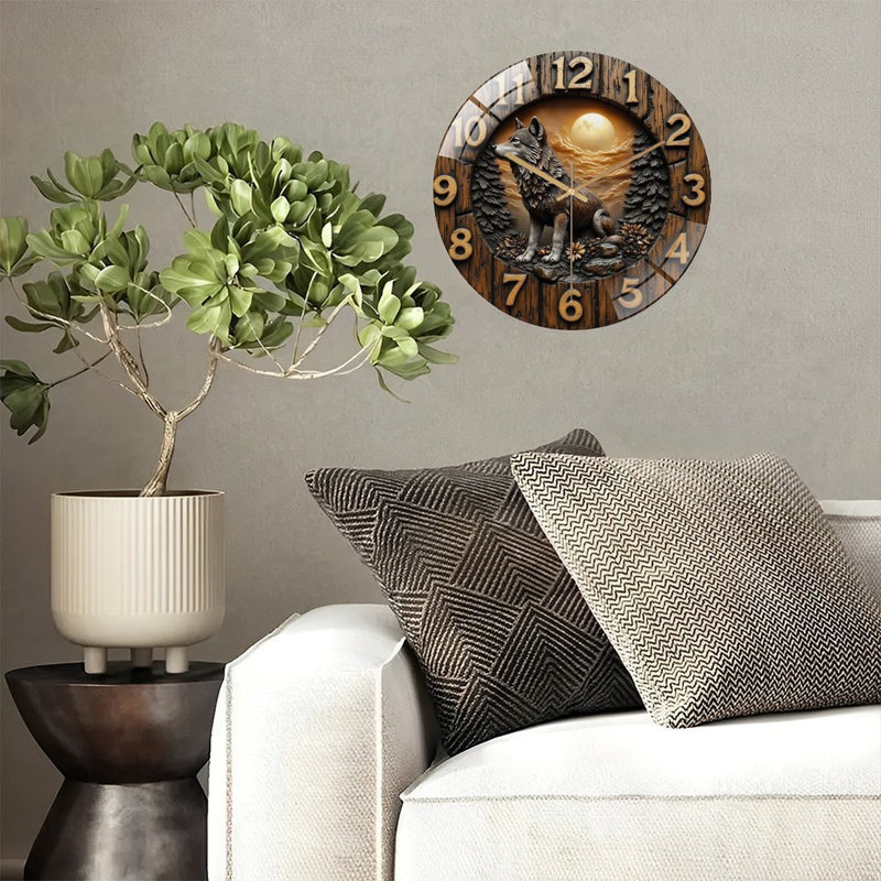 Horloge murale loup avec art naturel et lune - 12 po