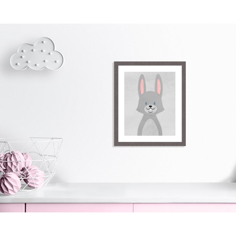 Art de lapin joyeux, H 24,5 po x l 20,5 po x P 0,6 po, Encadré plat à grain de bois gris