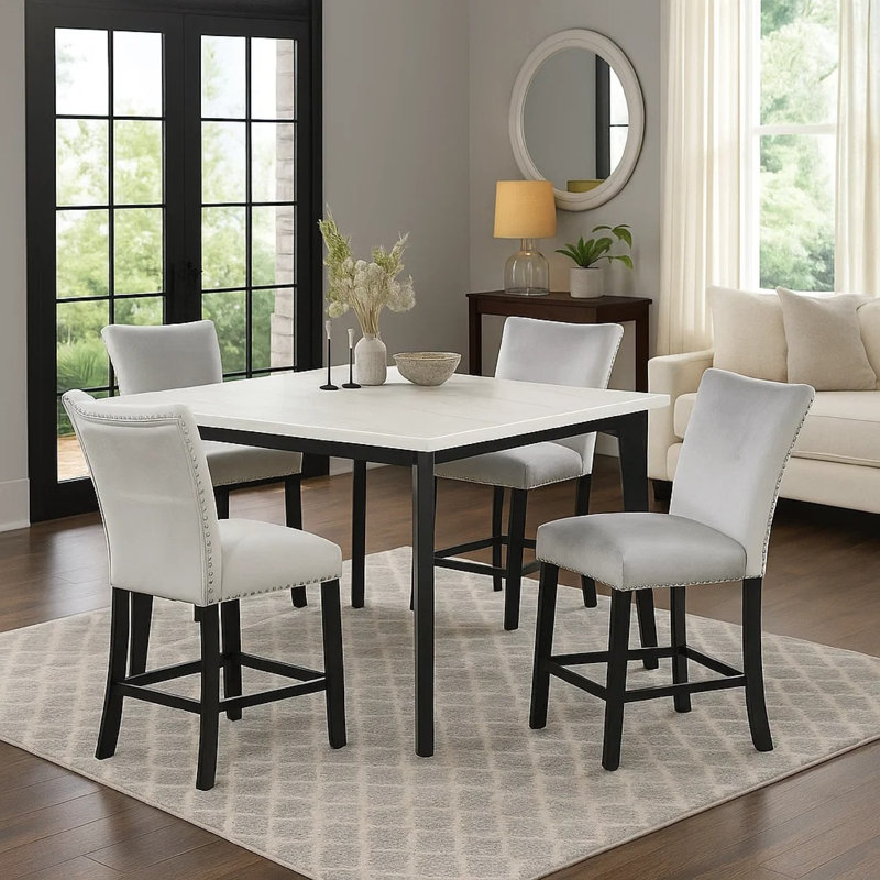 Ensemble de table de comptoir 5 pièces Soa, plateau carré en marbre blanc, 4 chaises, base noire, Noir / Noir